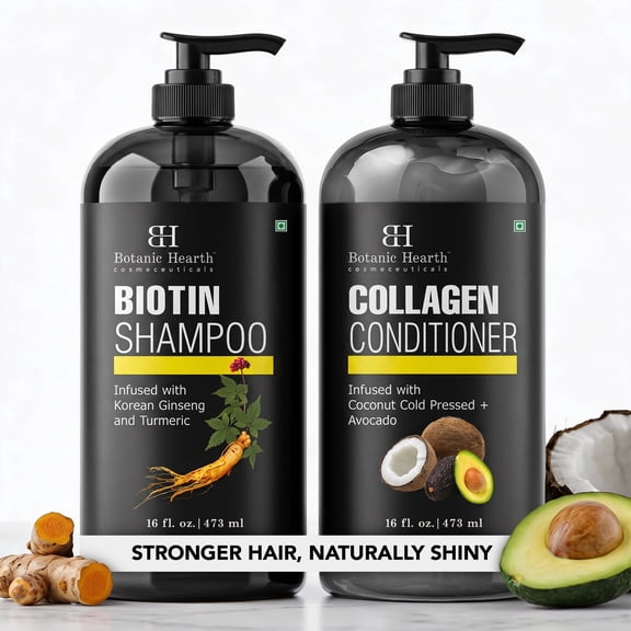 Botanic Hearth Biotin Shampoo & Collagen Conditioner Set | With Korean Ginseng, Turmeric, Coconut & Avocado Oils | Sulfate & Paraben Free Hair Care | For Men & Women | 16 fl oz Each