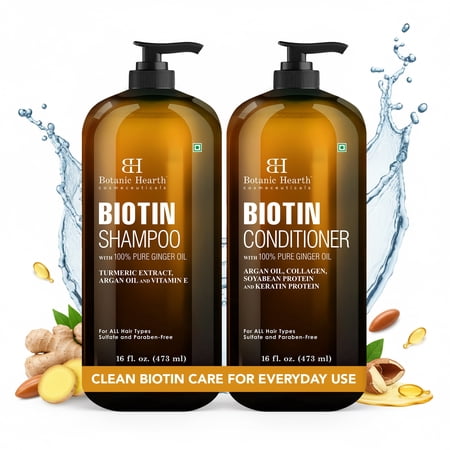 Botanic Hearth Biotin Shampoo and Conditioner Set with Ginger Oil and Keratin, Sulfate-Free Hair Care for Men and Women, 16 fl oz Each