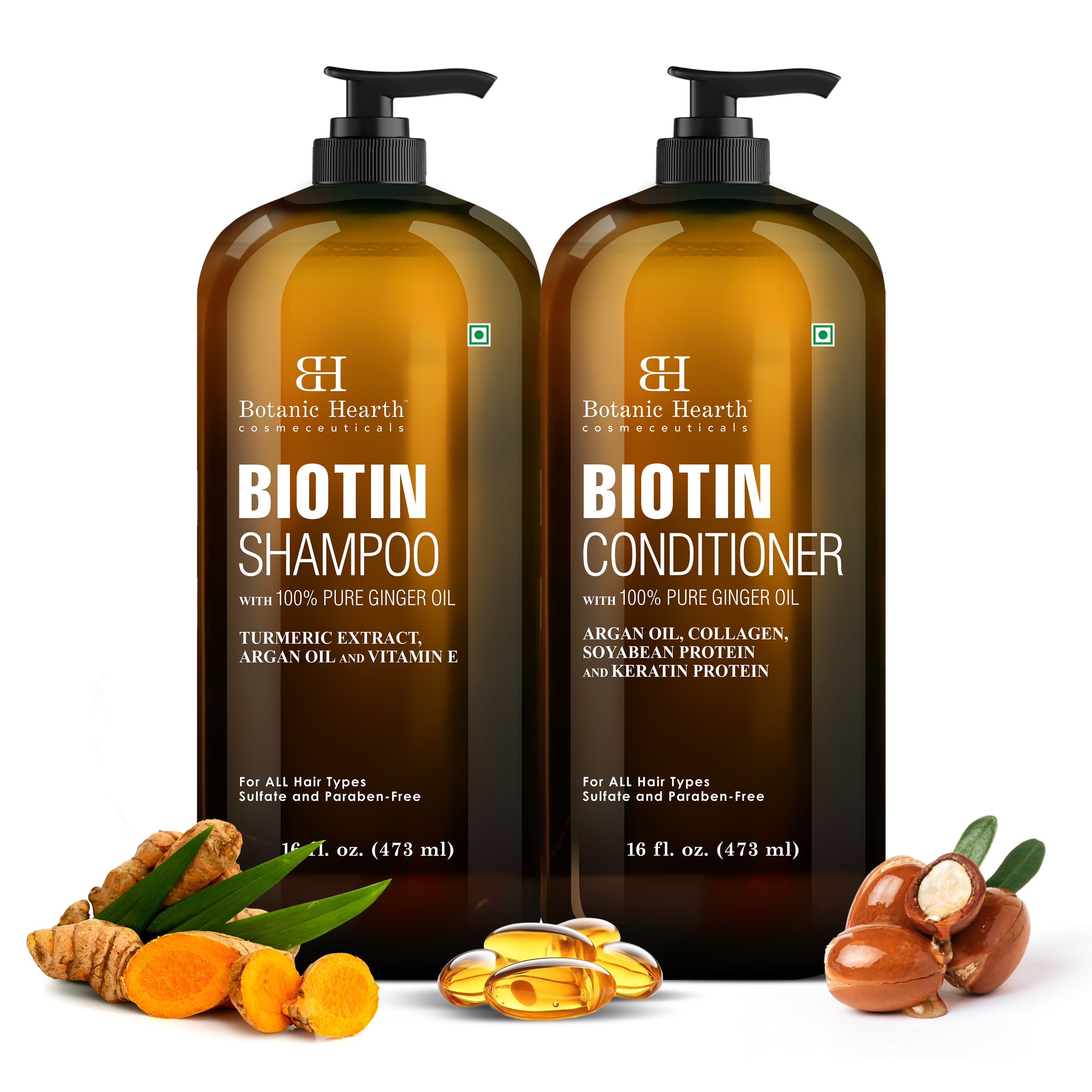 Botanic Hearth Biotin Shampoo and Conditioner Set with Ginger Oil and Keratin, Sulfate-Free Hair Care for Men and Women, 16 fl oz Each