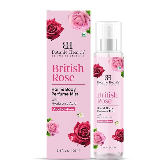 Botanic Hearth British Rose Hair Perfume & Body Perfume Mist with Hyaluronic Acid, Alcohol-Free, Refreshing & Hydrating Body Spray, Long Lasting Floral Fragrance, 100 ml / 3.4 fl oz