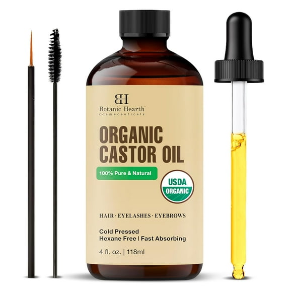 Botanic Hearth Castor Oil (4 fl oz) | 100% Pure & Hexane Free | Cold Pressed | Promotes Growth for Eyelashes, Eyebrows & Hair | Includes Eyebrow & Eyelash Brush