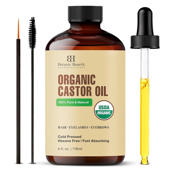 Botanic Hearth Castor Oil | 100% Pure & Natural, Cold Pressed, Organic | 4 fl oz| For Hair, Eyelashes & Eyebrows | Hexane Free, Fast Absorbing | With Dropper & Applicators