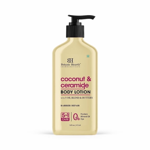 Botanic Hearth Coconut & Ceramide Body Lotion | Deep Hydration with 5 Oil Blend & Butters | Barrier Repair, Paraben Free, 5-in-1 Skin Care, 16 fl oz