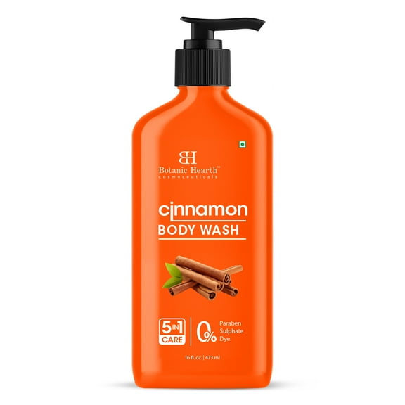 Botanic Hearth Cinnamon Body Wash | 5-in-1 Care Formula | Invigorating Shower Gel with Natural Cinnamon Extract | Paraben & Sulphate Free | Gentle Hydrating Body Cleanser for All Skin Types | 16 fl o