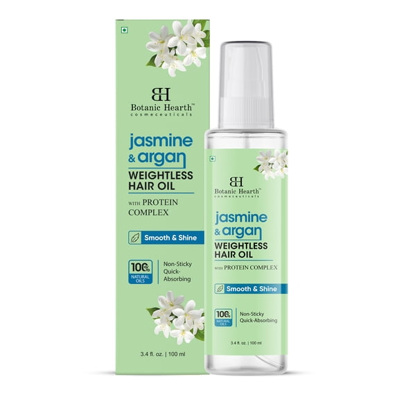 Botanic Hearth Argan & Jasmine Weightless Hair Oil, 3.4 fl oz | With Argan Oil & Jasmine Oil | Lightweight Non-Greasy Formula | Frizz Control, Smooth Shine & Soft Hair | For Dry, Frizzy & Fine Hair