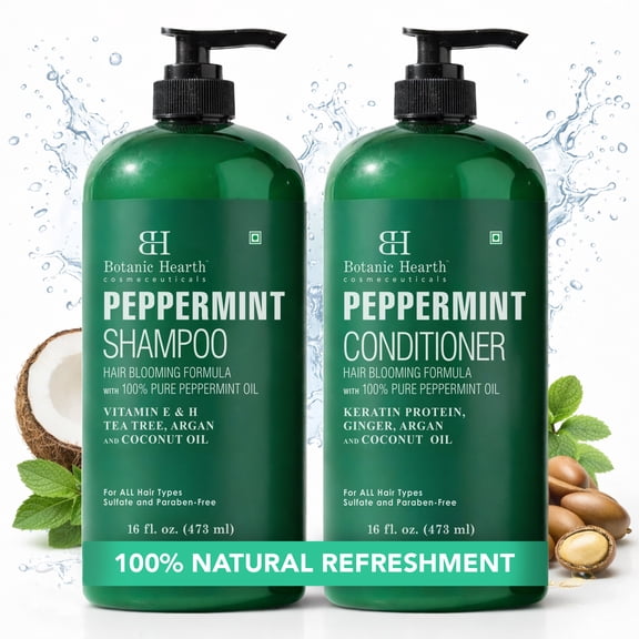Botanic Hearth Peppermint Oil Shampoo and Conditioner Set with Keratin, Sulfate-Free Hair Care for Men and Women, 16 fl oz Each