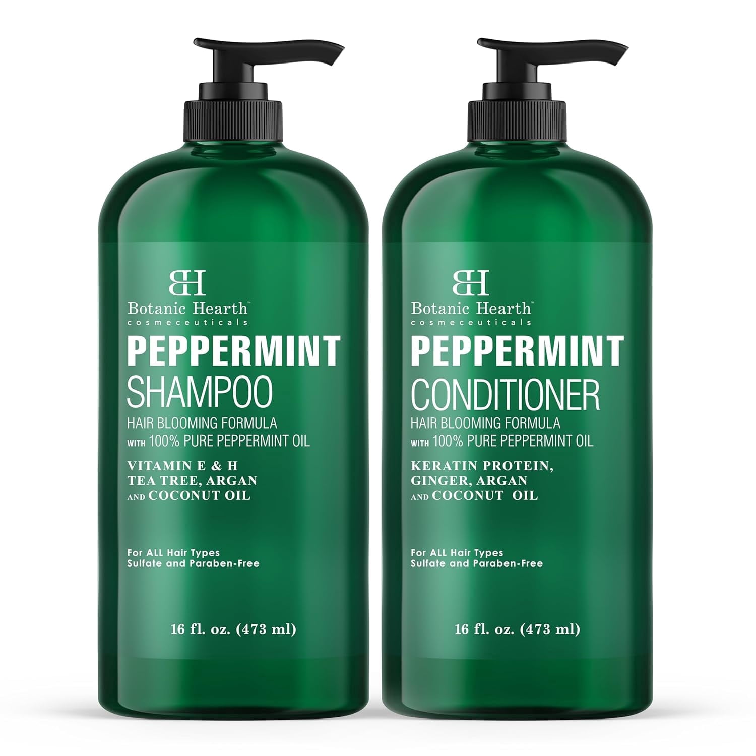 Botanic Hearth Peppermint Oil Shampoo and Conditioner Set with Keratin, Sulfate-Free Hair Care for Men and Women, 16 fl oz Each