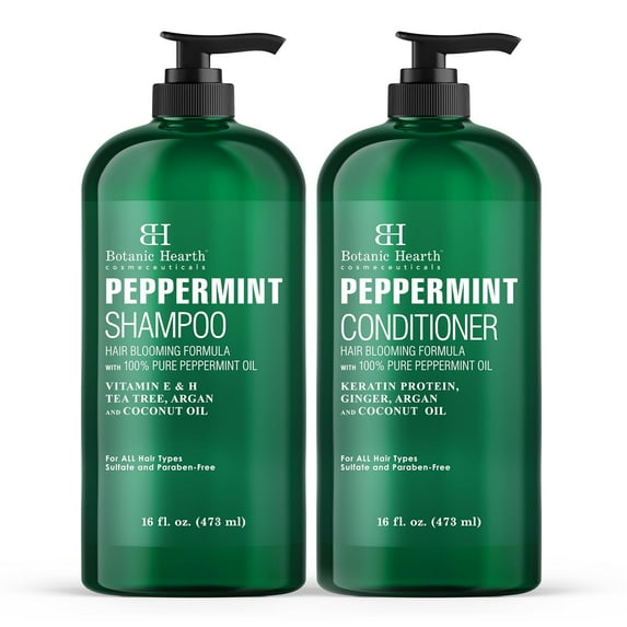 Botanic Hearth Peppermint Oil Shampoo and Conditioner Set with Keratin, Sulfate-Free Hair Care for Men and Women, 16 fl oz Each