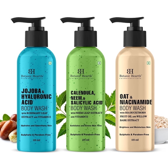 Botanic Hearth Sparkling Shower set - Pack of 3 Body Washes (Calendula Neem, Oat and Niacinamide , Jojoba) 2 fl oz each