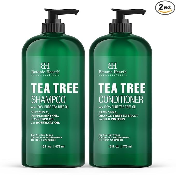 Botanic Hearth Tea Tree Shampoo and Conditioner Set - with 100% Pure Tea Tree Oil, for Itchy and Dry Scalp, Sulfate Free, Paraben Free - for Men and Women - 2 bottles 16 fl oz each