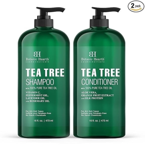 Botanic Hearth Tea Tree Shampoo and Conditioner Set - with 100% Pure Tea Tree Oil, for Itchy and Dry Scalp, Sulfate Free, Paraben Free - for Men and Women - 2 bottles 16 fl oz each