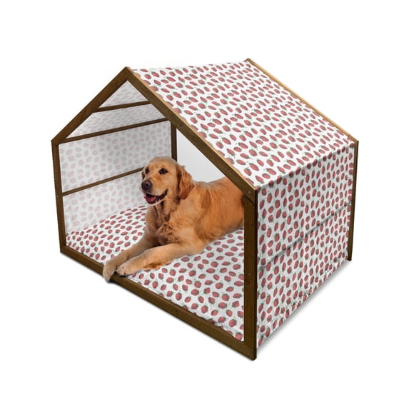 Botanic Pet House, Vibrant Hand Drawn Strawberry Pattern Fresh Summer Fruit Design, Outdoor & Indoor Portable Dog Kennel with Pillow and Cover, 5 Sizes, Fern Green White Red, by Ambesonne