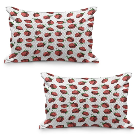 Botanic Quilted Pillowcover Set of 2, Vibrant Hand Drawn Strawberry Pattern Fresh Summer Fruit Design, Standard Queen Size Pillow Cover for Bedroom, 36" x 20", Fern Green White Red, by Ambesonne
