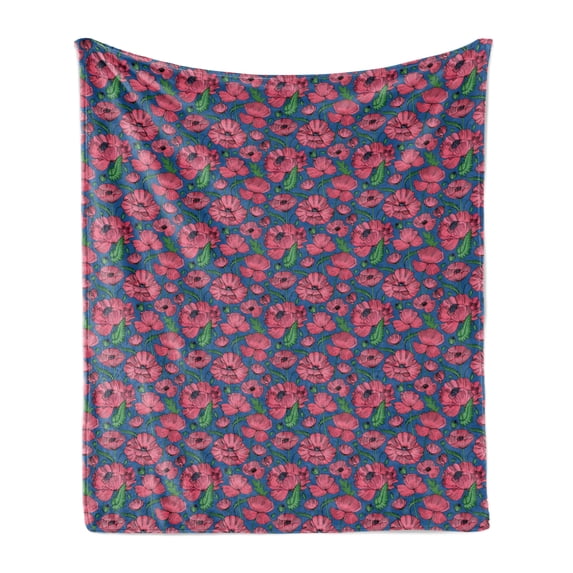 Botanic Soft Flannel Fleece Throw Blanket, Rural Blossoming Poppy Flower Nature Valley Summer Flourish Retro, Cozy Plush for Indoor and Outdoor Use, 60" x 80", Pink Violet Blue Green, by Ambesonne