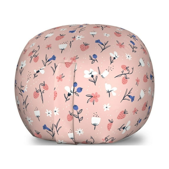 Botanic Storage Toy Bag Chair, Pastel Blossoms Along Strawberries Berry Bouquets Forest Essence, Stuffed Animal Organizer Washable Bag, Large Size, Violet Blue and Pale Pink, by Ambesonne