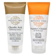 Botanic Tree Double Face Wash Kit - Gentle Facial Cleanser Set of Glycolic Acid Exfoliator Facewash And Vitamin C Cleanser for Women, Men - Natural Exfoliating Scrub Set for Oily, Dry, Sensitive Skin