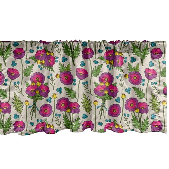 Botanic Window Valance, Poppy Flower Bouquets Along Fern Leaves Picturesque Petals Flourish, Curtain Valance for Kitchen Bedroom with Rod Pocket, 54" X 18", Green Pink Pale Eggshell, by Ambesonne