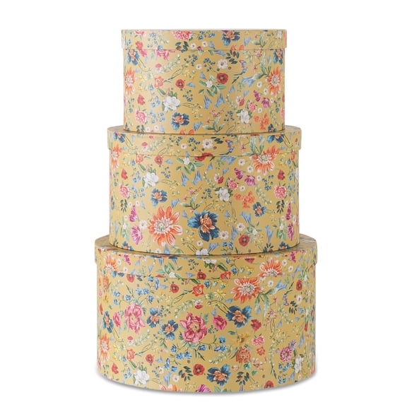 Botanica Round Hat Boxes With Lids - Set Of 3: Nesting Cardboard Stor Boho Flprint Cases Stacking Circle Decorative Keepsake