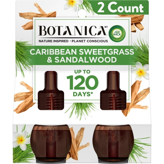 Botanica by Air Wick Plug in Scented Oil Refill, 2 ct, Caribbean Sweetgrass and Sandalwood, Natural Ingredients, Essential Oils, Air Freshener