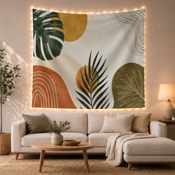 Botanical Abstract Art on Cream Beige Background, Peaceful Boho for Plant Lovers, Modern Wall Decor, Housewarming Gift Tapestry Wall Hanging for Bedroom and Living Room