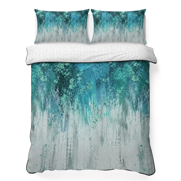 Botanical Abstract King Quilt Bedding Set, Mossy Forest Tones Blue Canopy Modern Lightweight Comforter with 2 Pillow Shams Bedroom Bedspread Set Home Decor for All Seasons