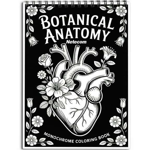 Botanical Anatomy Monochrome Coloring Book Spiral Bound for Adults, Softcover, Relaxing One-Color Illustrations with Anatomy Intertwined With Flowers And Plants for Mindfulness, Stress Relief