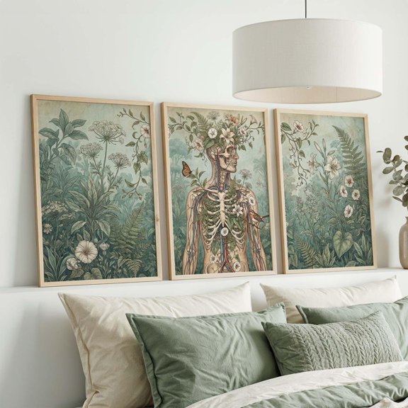 Botanical Anatomy Print Set, Vintage Floral Skeleton, Sage Green Wall Art, Poster Only