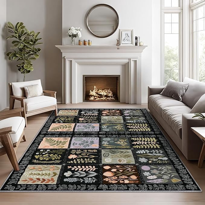 Botanical Area Rugs for Living Room, Woodland Plant Rug, Vintage Floral ...