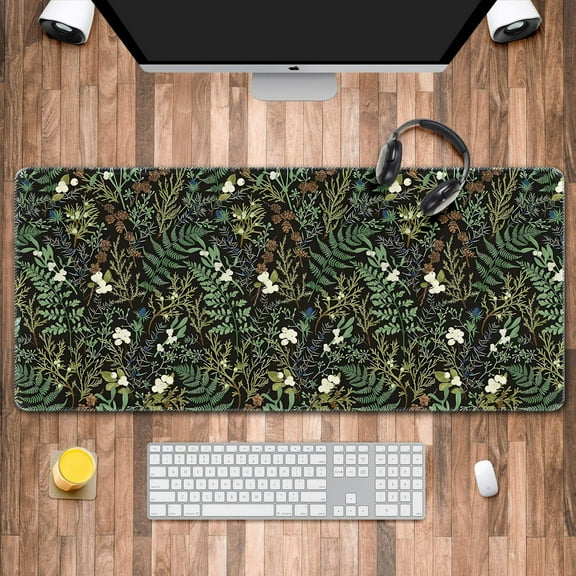 Botanical Art Nouveau Desk Mat - Sage Green Floral And Plant Detailed Design - Ideal Cute Office Decor & Extended Keyboard Mat, Cottage Core Mouse Pad XXL, Flower Desktop Mat Pad