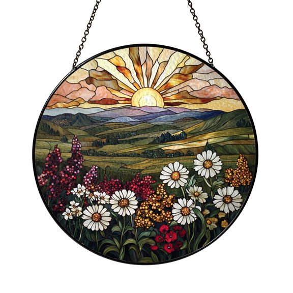 Botanical Aster Field Stained Glass Window Hanging – Floral Decor