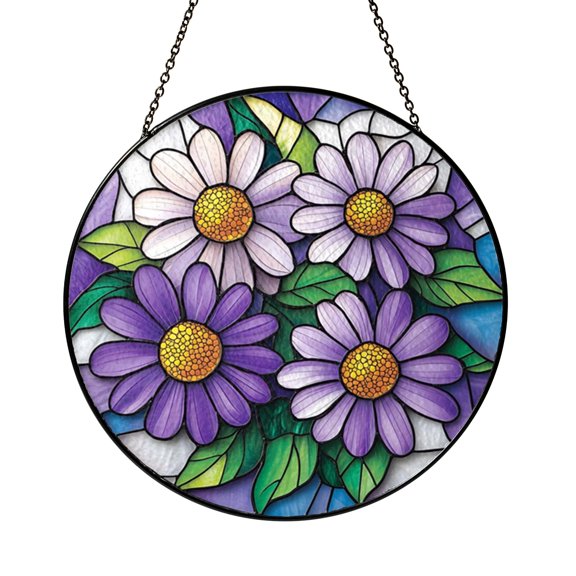 Botanical Aster Stained Glass Window Hanging – Floral Nature Decor