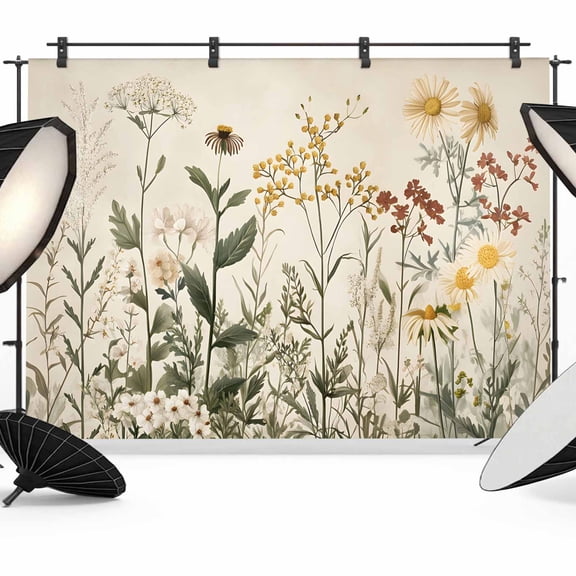 Botanical Backdrop for Photography,Fabric Photo Background Backdrop,Retro Plant Wildflower Green Leaf Ferns Photo Booth Background for Portrait Photoshoot Video Wedding Studio Decoration Banner 7x5ft