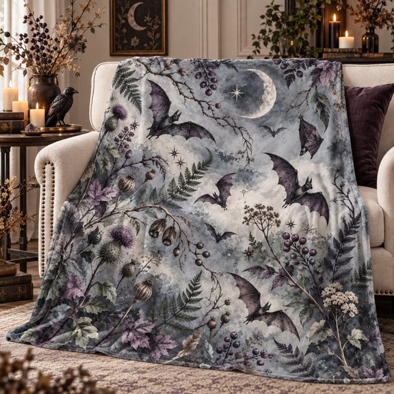 Botanical Bat Flannel Throw Blanket with Crescent Moon, Ferns, Berries and Thistle Pattern, Gray Botanical Blanket for Couch, Sofa, Bed and Lounge, 30 x 40 in