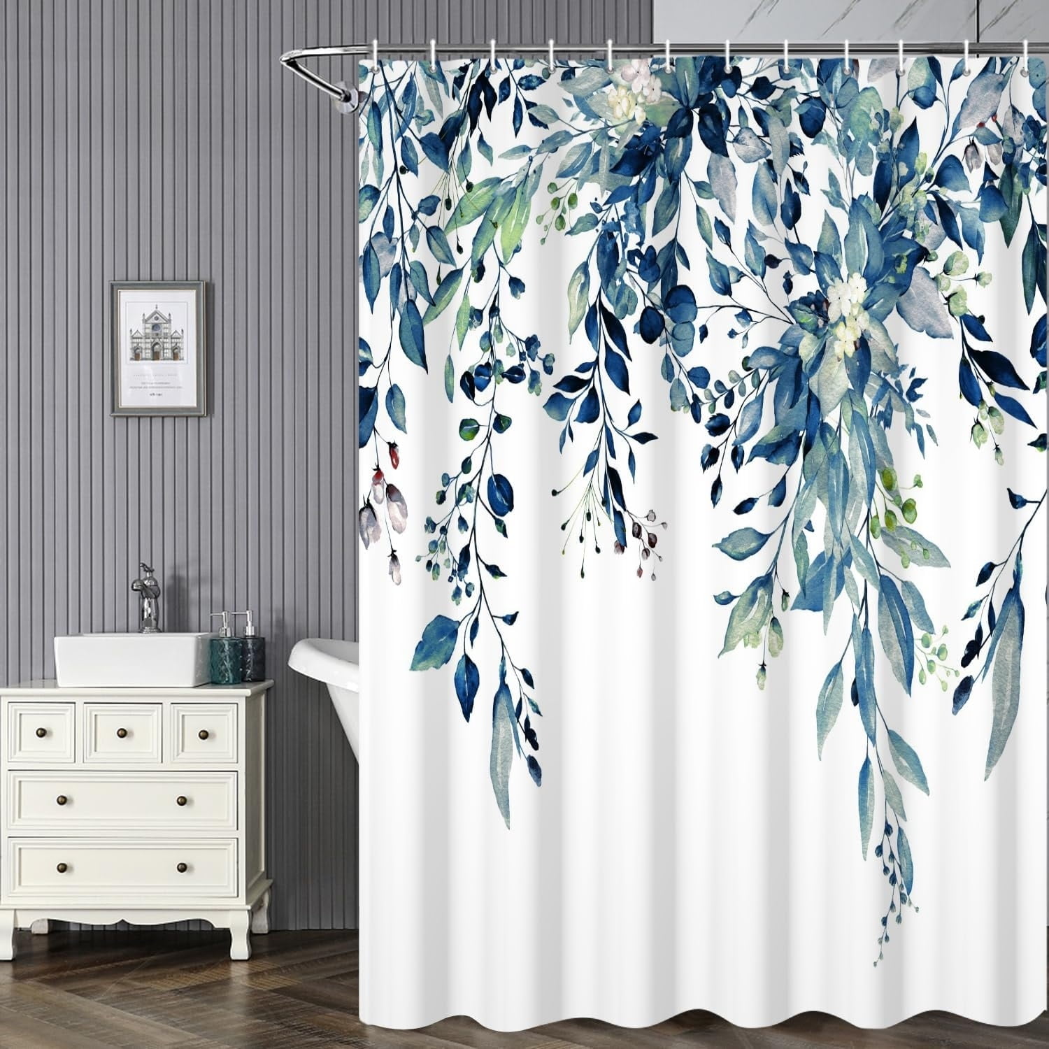 Botanical Blue and Green Fabric Shower Curtain, 72" x 72"