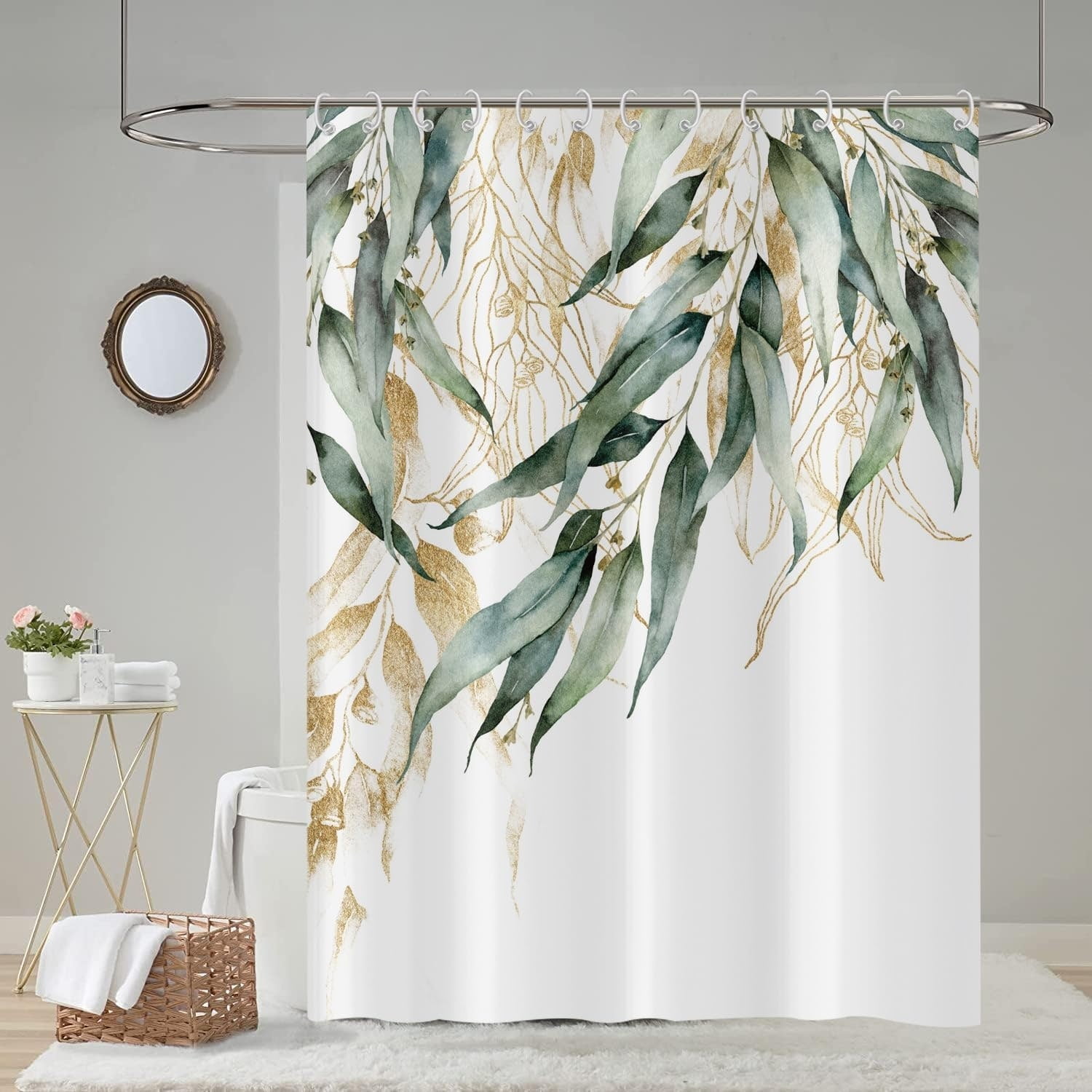 Waterproof Botanical Fabric Shower Curtain, 72" x 72", Green and Gold