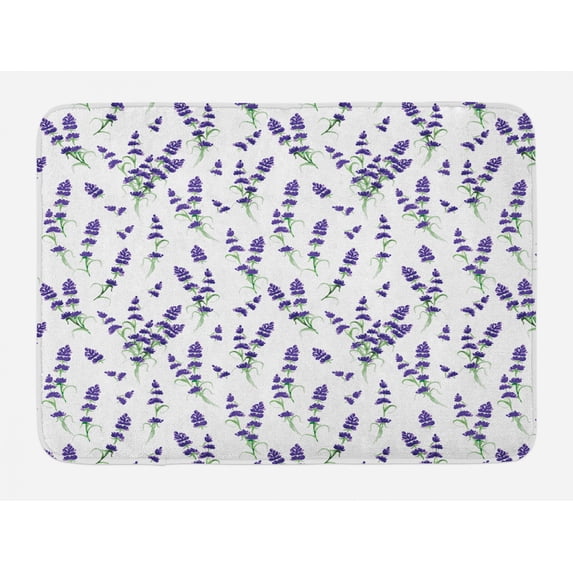Botanical Bath Mat, Romantic Watercolor Violet Lavender Bouquet on a Plain Backdrop, Plush Bathroom Decor Mat with Non Slip Backing, 29.5" X 17.5", Indigo Olive Green, by Ambesonne