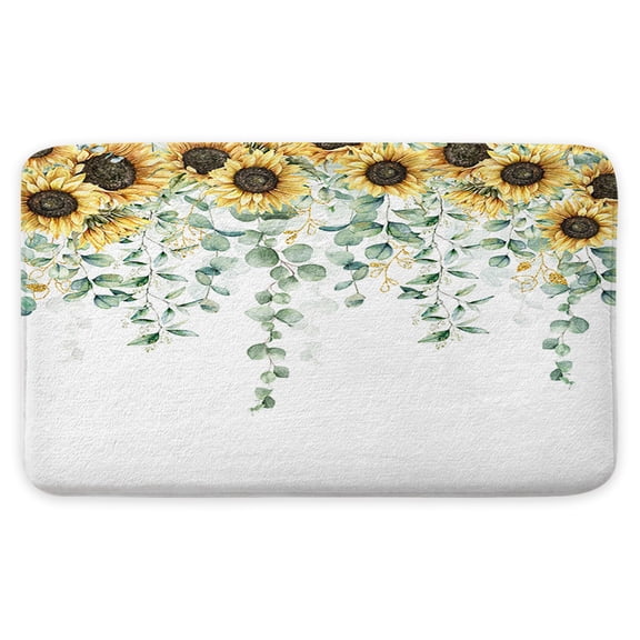 Botanical Bath Mat, Yellow Sunflowers and Eucalyptus Leaves Bath Rug, Non Slip Bathroom Rug, Rustic Farmhouse Bathroom Decor 17x29 Inch