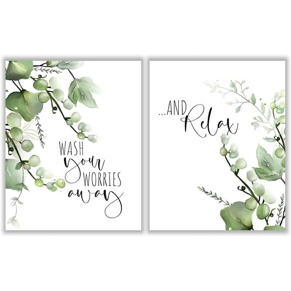 Botanical Bathroom Decor Wall Art Prints –Unframed Set of 2 ( 12x16 Inch )– Wash your Worries Away and Relax Signs Bathroom Wall Decor, Sage Green Greenery Eucalyptus Leaf Leaves Minimalist Watercolor