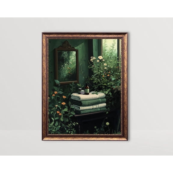 Botanical Bathroom, Floral Bath Towels Wall Art Dark Green Poster Moody Wildflowers Posters Cottagecore Decor Plants Flowers Vintage, Unframed Canvas Size 24x36