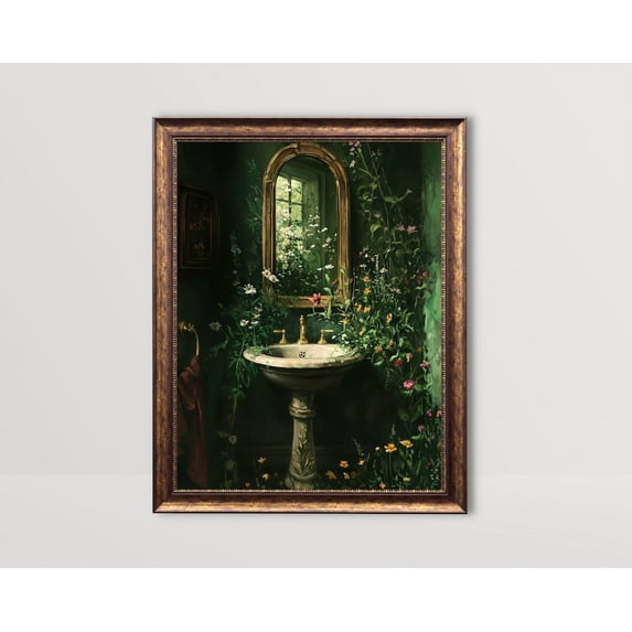 Botanical Bathroom, Floral Sink Wall Art, Moody Flowers Bath Print, Cottagecore Decor Dark Green Prints Plants Wildflowers Vintage Poster, Unframed Poster Size 8x12