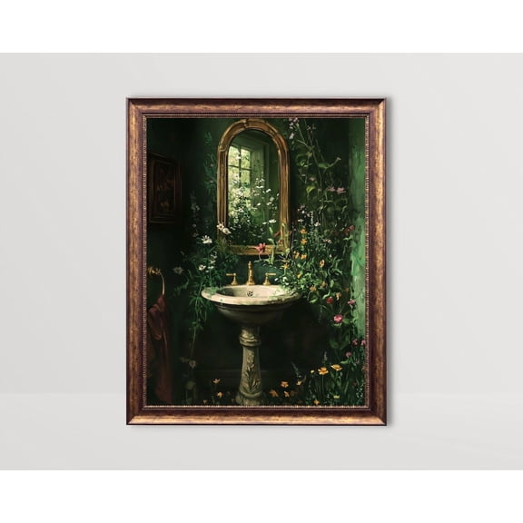 Botanical Bathroom, Floral Sink Wall Art, Moody Flowers Bath Print, Cottagecore Decor Dark Green Prints Plants Wildflowers Vintage Poster, Unframed Poster Size 8x12