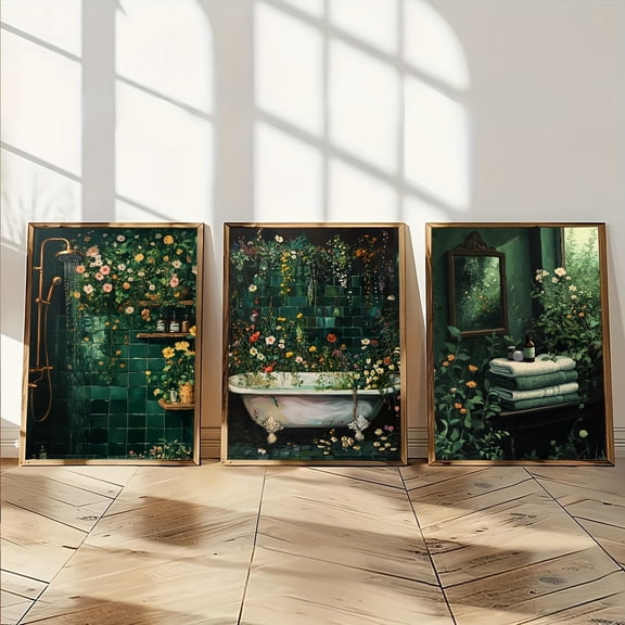 Botanical Bathroom Posters 3pcs Set Print, Botanical Bathtub, Botanical Shower, Floral Bath Towels Wall arts Dark Green Print Moody Wildflowers Prints, Cottagecore Decor Plants Flowers Vintage Paint