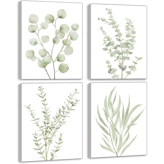 Botanical Bathroom Wall Art, Framed Boho Canvas Wall Art for Bedroom, Light Sage Green Eucalyptus Wall Decor, Minimalist Plant Art Print for Office, 8”x10”, Set of 4PCS