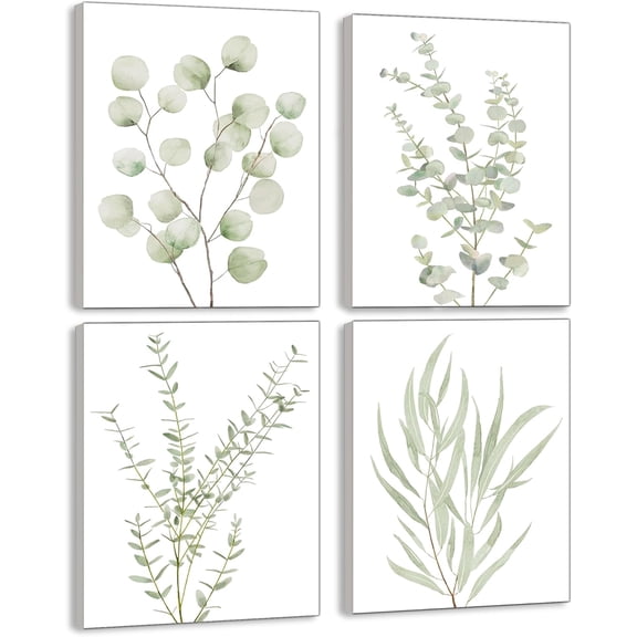 Botanical Bathroom Wall Art, Framed Boho Canvas Wall Art for Bedroom, Light Sage Green Eucalyptus Wall Decor, Minimalist Plant Art Print for Office, 8x10, Set of 4PCS