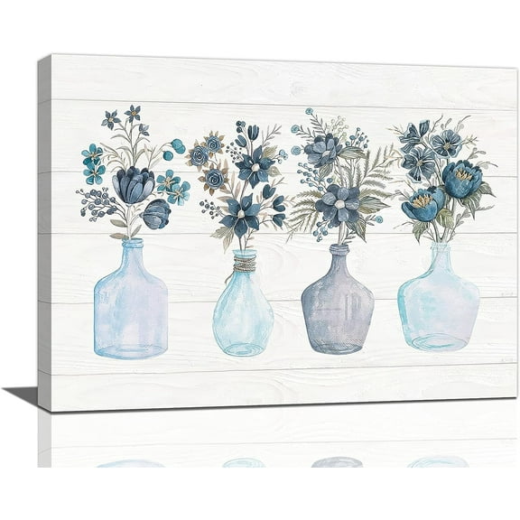 Botanical Bathroom Wall Art Navy Blue Floral Pictures Wall Decor Bottles And Plants Canvas Prints Flower Painting Artwork Modern Home Decorations For Bathroom Kitchen Bedroom Framed 16"x12"