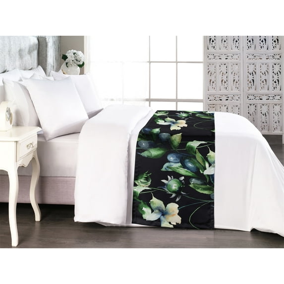 Botanical Bed Runner, Blooming Wild Flowers and Watercolor Themed Ornament on Dark Back, Decorative Accent Bedding Scarf for Hotels Homes & Guest Rooms, King, Slate Blue Green and Black, by Ambesonne