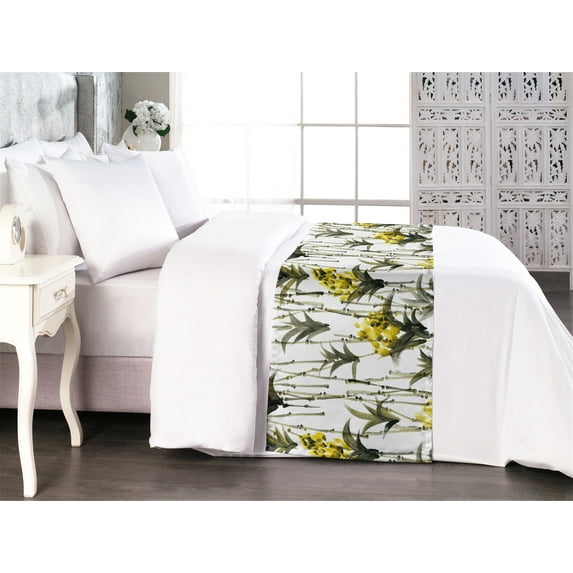 Botanical Bed Runner, Blurry Look Summer Meadow Blooming Flowers and Leaves in Watercolor, Decorative Accent Bedding Scarf for Hotels Homes & Guest Rooms, King, Dark Olive Green Mustard, by Ambesonne