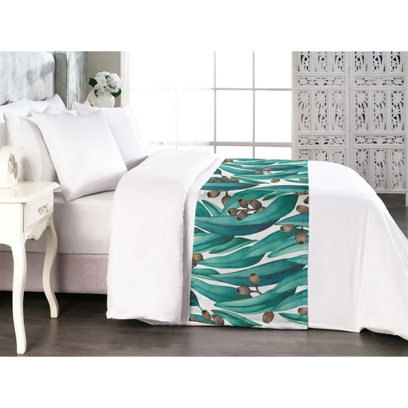 Botanical Bed Runner, Eucalyptus Leaves and Dried Buds Watercolor Style Artwork Aquatic Colors, Decorative Accent Bedding Scarf for Hotels Homes & Guest Rooms, King, Teal Brown White, by Ambesonne