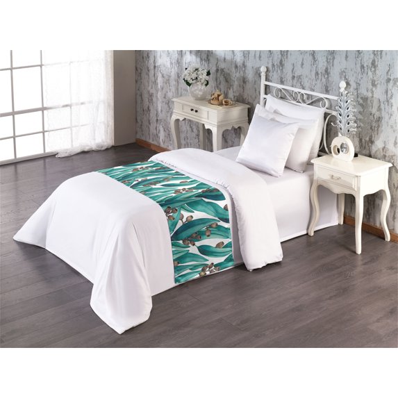 Botanical Bed Runner, Eucalyptus Leaves and Dried Buds Watercolor Style Artwork Aquatic Colors, Decorative Accent Bedding Scarf for Hotels Homes & Guest Rooms, Twin, Teal Brown White, by Ambesonne