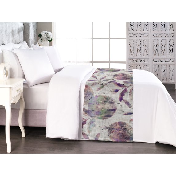 Botanical Bed Runner, Grunge Style Colorful Leaves and Circular Shapes Illustration, Decorative Accent Bedding Scarf for Hotels Homes & Guest Rooms, Queen, Blue Violet and Pale Eggplant, by Ambesonne